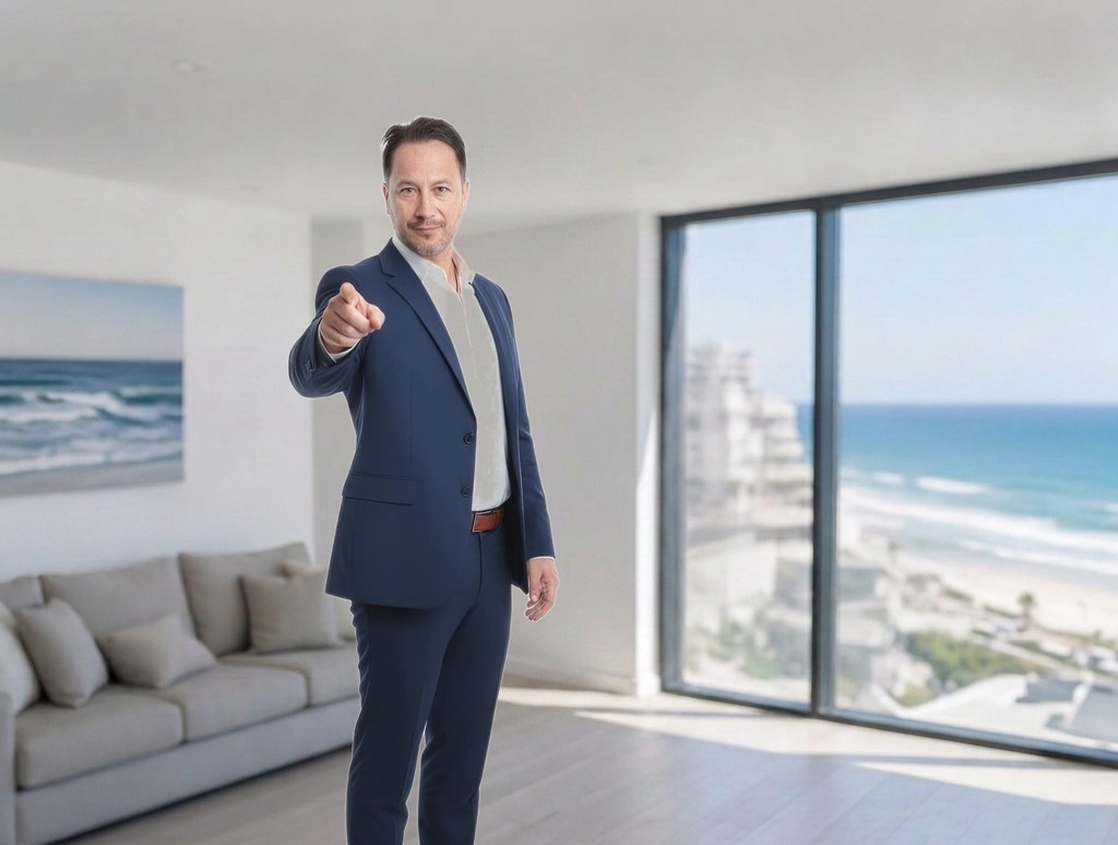 Lucas (Luca Vismara), agente inmobiliario en Las Palmas de Gran Canaria, en una vivienda con vistas al mar